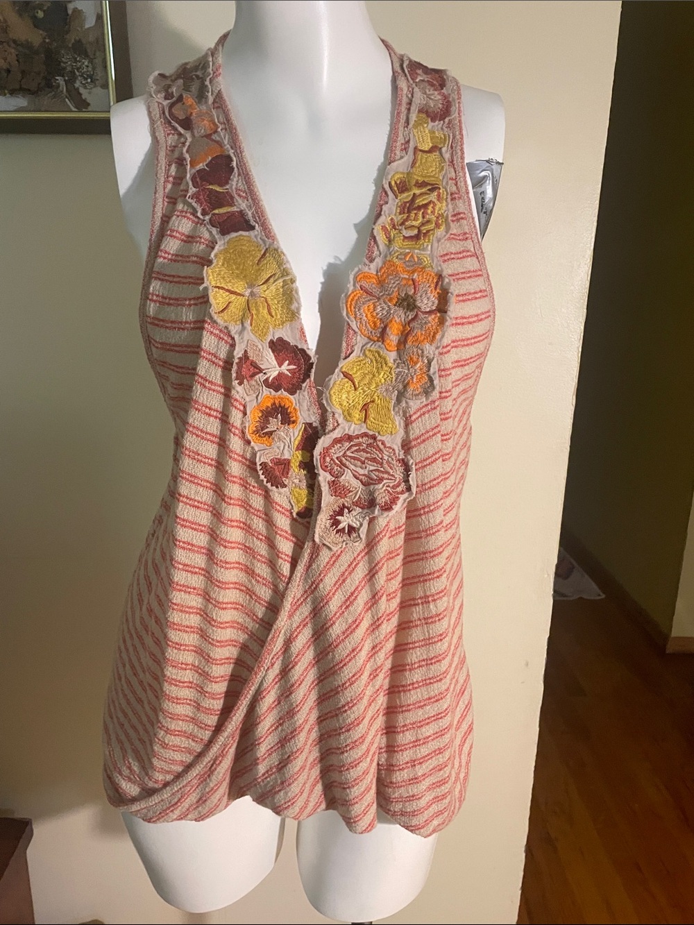 Free People Floral Appliqué Striped Sleeveless Wrap Top - Pink